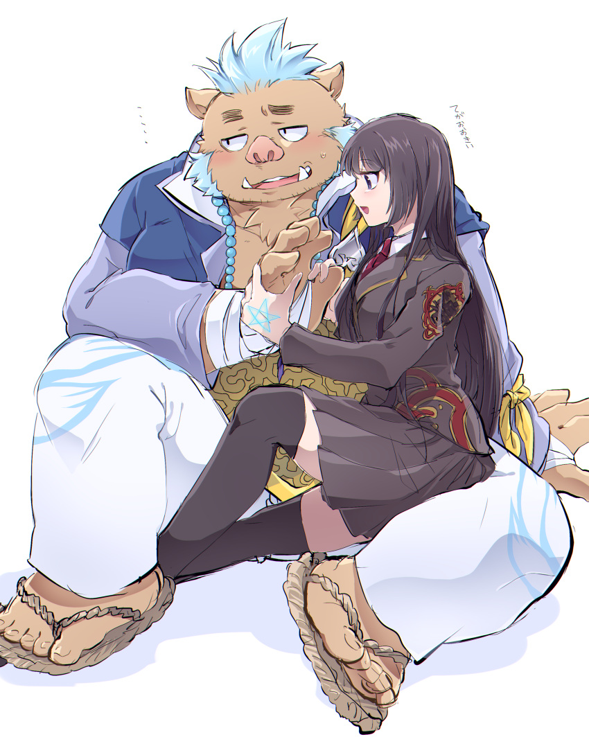 1boy 1girl absurdres animal_ears bandaged_hand bandages beads blue_hair blush boku002 breasts collared_shirt facial_hair full_body furry furry_male goryou_(housamo) highres jewelry large_pectorals long_hair male_focus master_2_(housamo) necklace necktie pectorals pig_boy pig_ears plump red_necktie sandals school_uniform shirt skirt smile stubble tokyo_afterschool_summoners violet_eyes