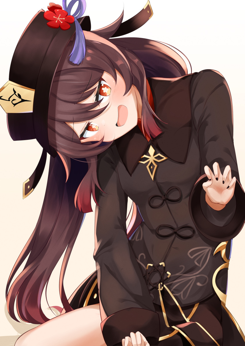 1girl :d absurdres black_nails black_shorts blush brown_hair brown_shirt collared_shirt day_mello eyebrows_visible_through_hair flower flower-shaped_pupils genshin_impact hat hat_flower head_tilt highres hu_tao_(genshin_impact) looking_at_viewer plum_blossoms porkpie_hat red_eyes shirt shorts simple_background smile solo symbol-shaped_pupils tongue white_background