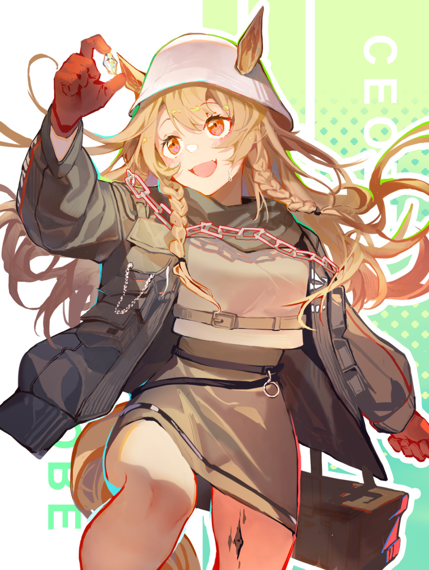 1girl animal_ears arknights bangs blush braid brown_hair ceobe_(arknights) ceobe_(unfettered)_(arknights) clay_(clayjun) dog_ears dog_girl dog_tail dress ears_through_headwear fang gloves highres jacket long_hair official_alternate_costume open_clothes open_jacket oripathy_lesion_(arknights) red_eyes red_gloves short_dress solo tail twin_braids