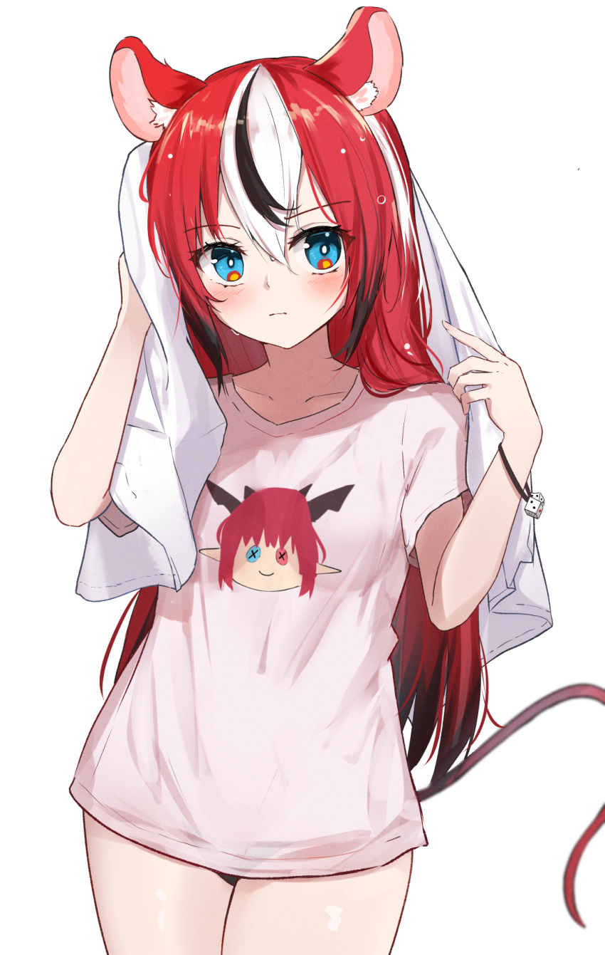 1girl animal_ear_fluff animal_ears black_hair black_panties blue_eyes blush bracelet dice drying drying_hair eyebrows_visible_through_hair hakos_baelz highres hololive hololive_english irys_(hololive) jewelry long_hair looking_at_viewer mouse_ears mouse_girl mouse_tail multicolored_hair no_pants panties redhead shirt shuuzo3 solo t-shirt tail thighs towel underwear virtual_youtuber wet wet_hair white_hair white_shirt
