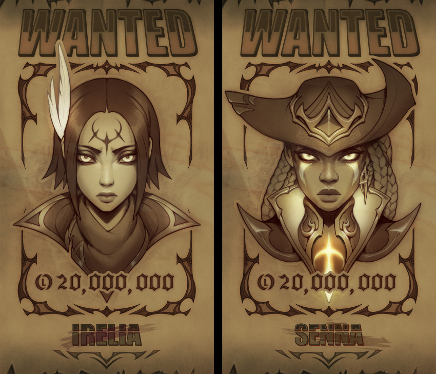 2girls bangs braid character_name closed_mouth cowboy_hat cropped_legs earrings english_commentary facial_mark forehead_mark glowing glowing_eyes hat hat_feather high_noon_irelia high_noon_senna highres irelia jewelry league_of_legends looking_at_viewer multiple_girls official_alternate_costume senna_(league_of_legends) sepia short_hair vladbacescu wanted
