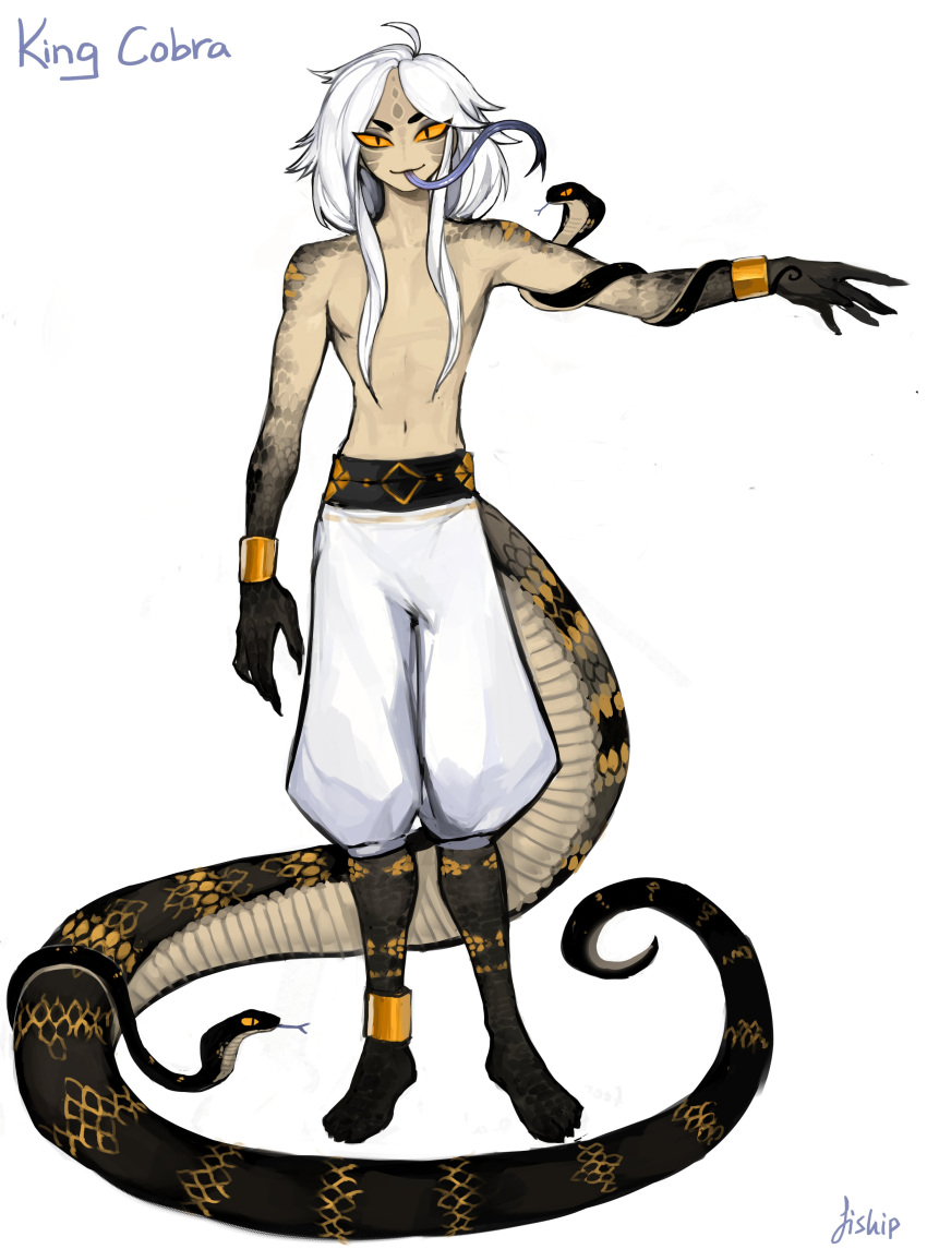 1boy absurdres animal barefoot colored_sclera english_commentary english_text forked_tongue full_body gold highres long_hair long_toenails looking_at_viewer male_focus matilda_fiship orange_sclera original scales sidelocks signature simple_background snake snake_boy solo standing tail toenails tongue topless_male white_background white_hair