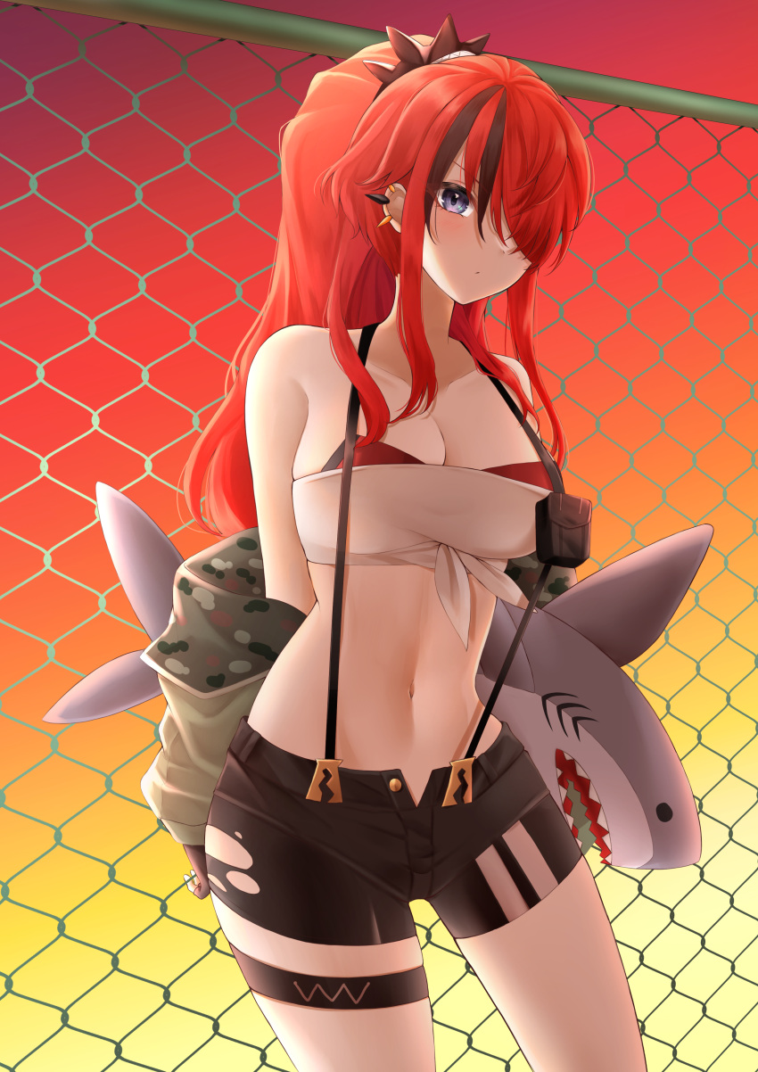 1girl absurdres bandeau bangs bare_shoulders black_hair breasts chain-link_fence commentary_request fence hair_over_one_eye highres holding holding_stuffed_toy konparu_uran lain_paterson large_breasts long_hair looking_at_viewer midriff navel nijisanji off_shoulder open_fly outdoors ponytail pouch redhead solo stomach strapless stuffed_animal stuffed_shark stuffed_toy suspenders tube_top violet_eyes