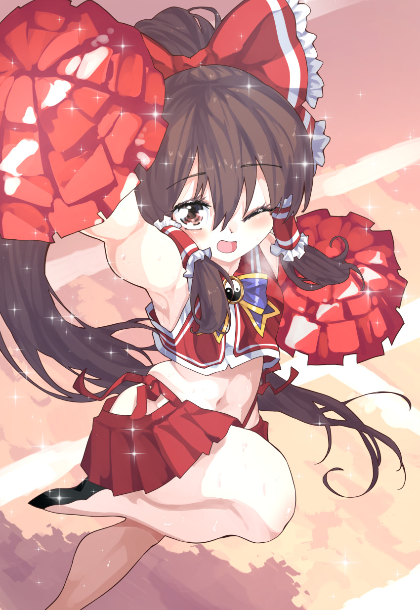1girl absurdres adapted_costume armpits bow brown_eyes brown_hair cheering cheerleader hair_bow hair_tubes hakurei_reimu highres holding holding_pom_poms japanese_clothes long_hair midriff miko nontraditional_miko pom_pom_(cheerleading) red_bow sidelocks sleeveless solo sunnysideup touhou