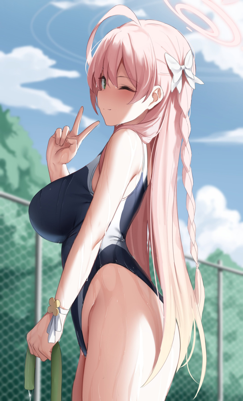 1girl absurdres ahoge ass blue_archive blush braid breasts from_side green_eyes hair_tie halo hanako_(blue_archive) highres holding holding_hose hose large_breasts long_hair looking_at_viewer one_eye_closed outdoors pink_hair shengtian side_braid smile solo swimsuit v