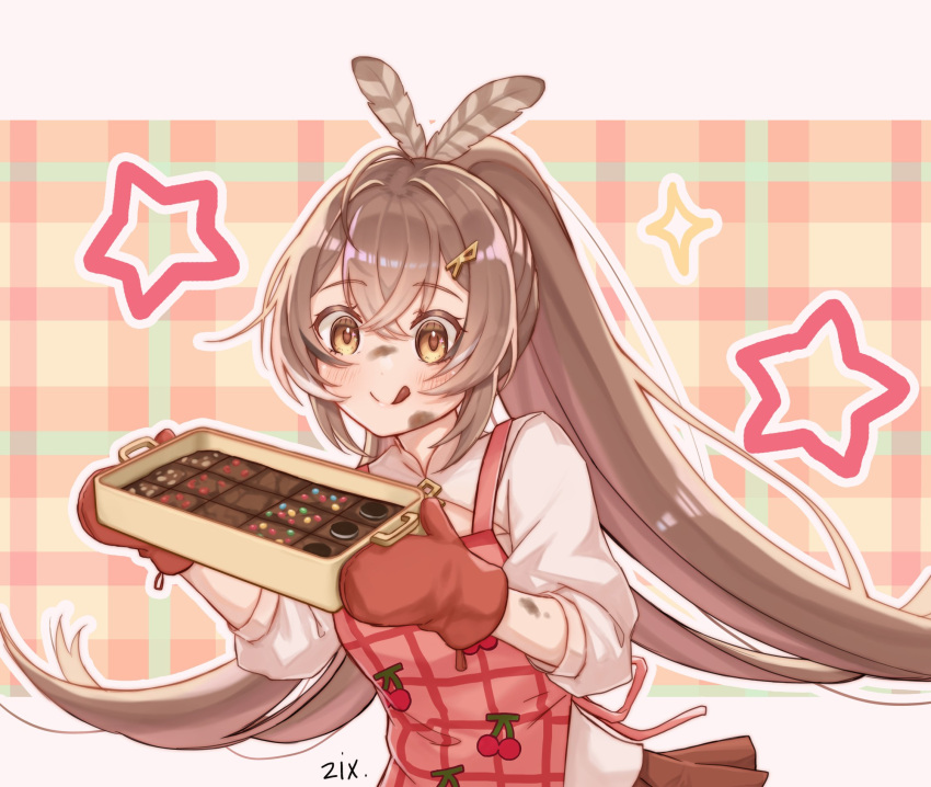 ahoge apron baking bangs berry blush brown_eyes brown_hair brownie candy cookie dirty dirty_face feather_hair_ornament feathers food hair_ornament highres hololive hololive_english licking_lips long_hair nanashi_mumei oven_mitts patterned_background patterned_clothing ponytail shirt skirt sparkle star_(symbol) tongue tongue_out virtual_youtuber white_shirt zixsiga