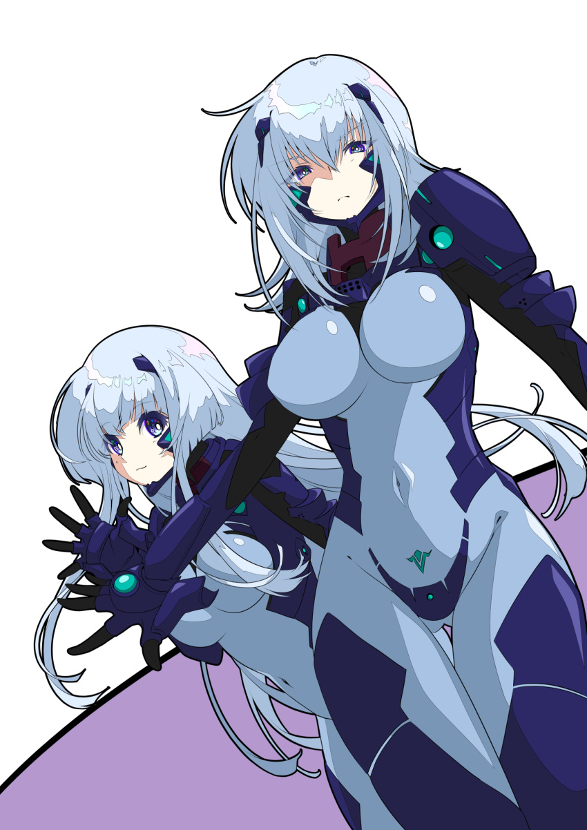 2girls ass_visible_through_thighs bangs blue_hair breasts covered_navel cryska_barchenowa eyebrows_visible_through_hair fortified_suit frown highres inia_sestina kamon_rider large_breasts leaning_forward medium_breasts multiple_girls muvluv muvluv_alternative muvluv_total_eclipse open_hand pilot_suit skin_tight smile v-shaped_eyebrows violet_eyes waving