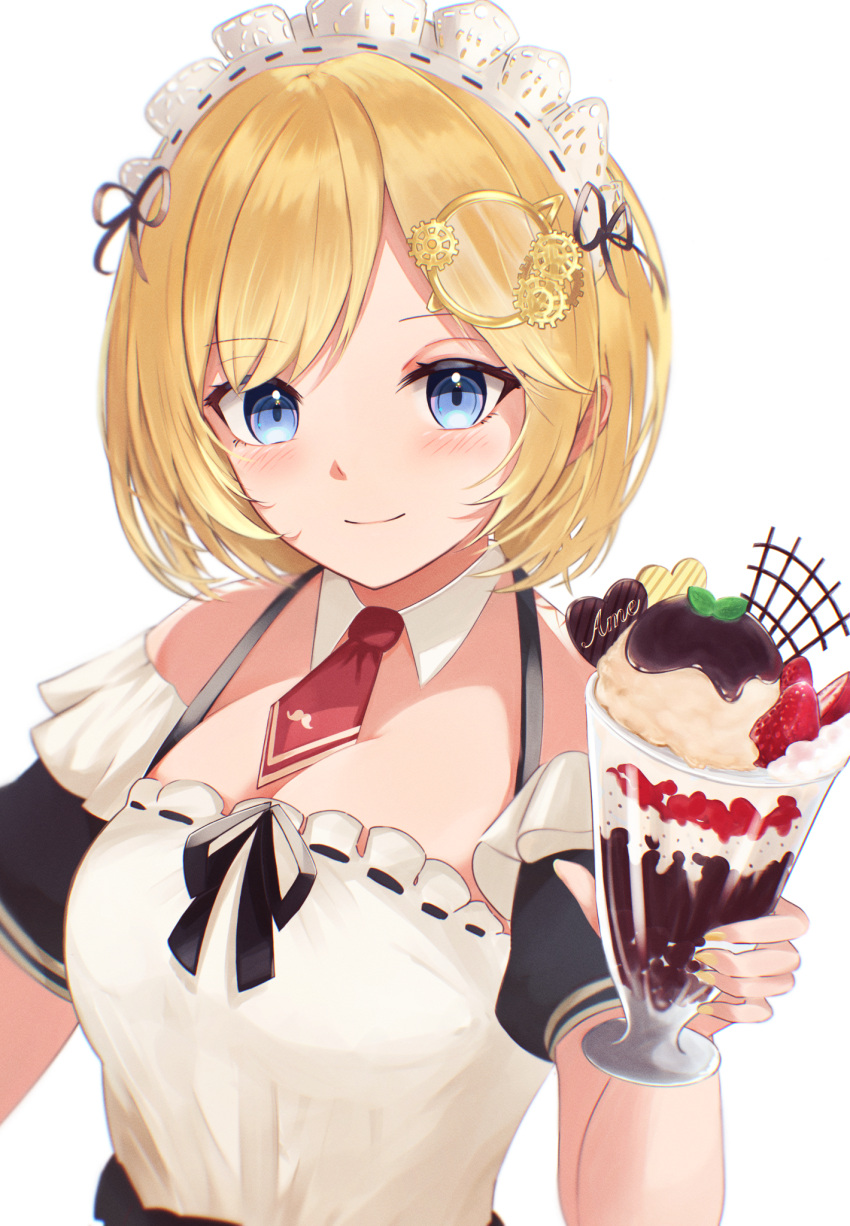 1girl bangs blonde_hair blue_eyes blush closed_mouth commentary_request cup detached_sleeves eyebrows_visible_through_hair food fruit hair_ornament hand_up highres holding holding_cup hololive hololive_english looking_at_viewer maid_headdress monocle_hair_ornament nail_polish necktie parfait red_necktie shirt short_hair short_necktie short_sleeves simple_background smile solo strawberry tokinari upper_body virtual_youtuber watson_amelia white_background white_shirt yellow_nails