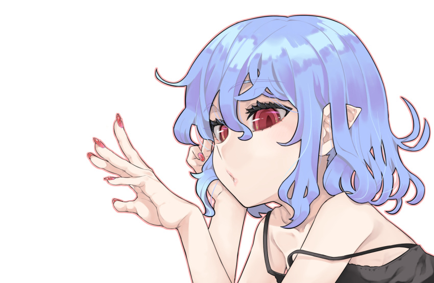 1girl bangs blue_hair commentary_request eyebrows_visible_through_hair face fingernails hands lingerie lips long_fingernails looking_at_hand medium_hair nail_polish negligee nightgown open_mouth outline pointy_ears pursed_lips red_eyes red_nails remilia_scarlet shamo_(koumakantv) solo touhou underwear white_background