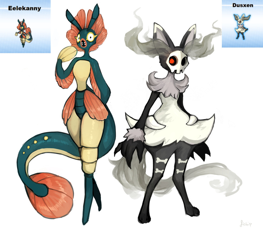 2girls absurdres character_request crossed_legs dusclops eelektrik furry furry_female fusion highres looking_at_viewer matilda_fiship multiple_girls pokemon pokemon_(creature) reference_inset simple_background standing watson_cross white_background