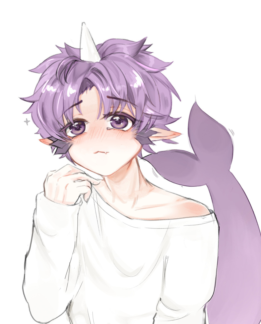 1boy :3 absurdres dolphin_tail fang highres horns indie_virtual_youtuber long_sleeves looking_up narwhal pale_skin pointy_ears purple_hair sevenine shirt single_horn tearing_up uncertain88 violet_eyes virtual_youtuber white_background white_shirt