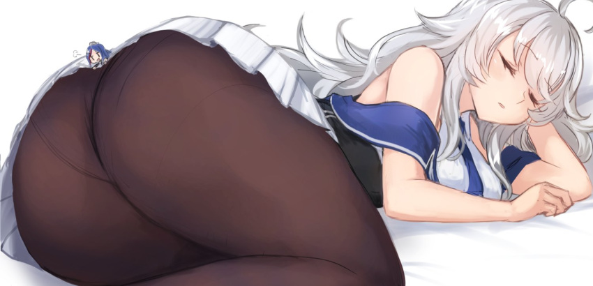 2girls ahoge bangs bare_shoulders black_legwear blue_necktie blue_neckwear closed_eyes cowboy_shot kantai_collection long_hair lying multiple_girls necktie off_shoulder on_side pantyhose parted_lips pleated_skirt shirt silver_hair skirt skirt_tug sleeping sleeveless sleeveless_shirt south_dakota_(kancolle) swept_bangs utopia washington_(kancolle) white_background white_shirt white_skirt