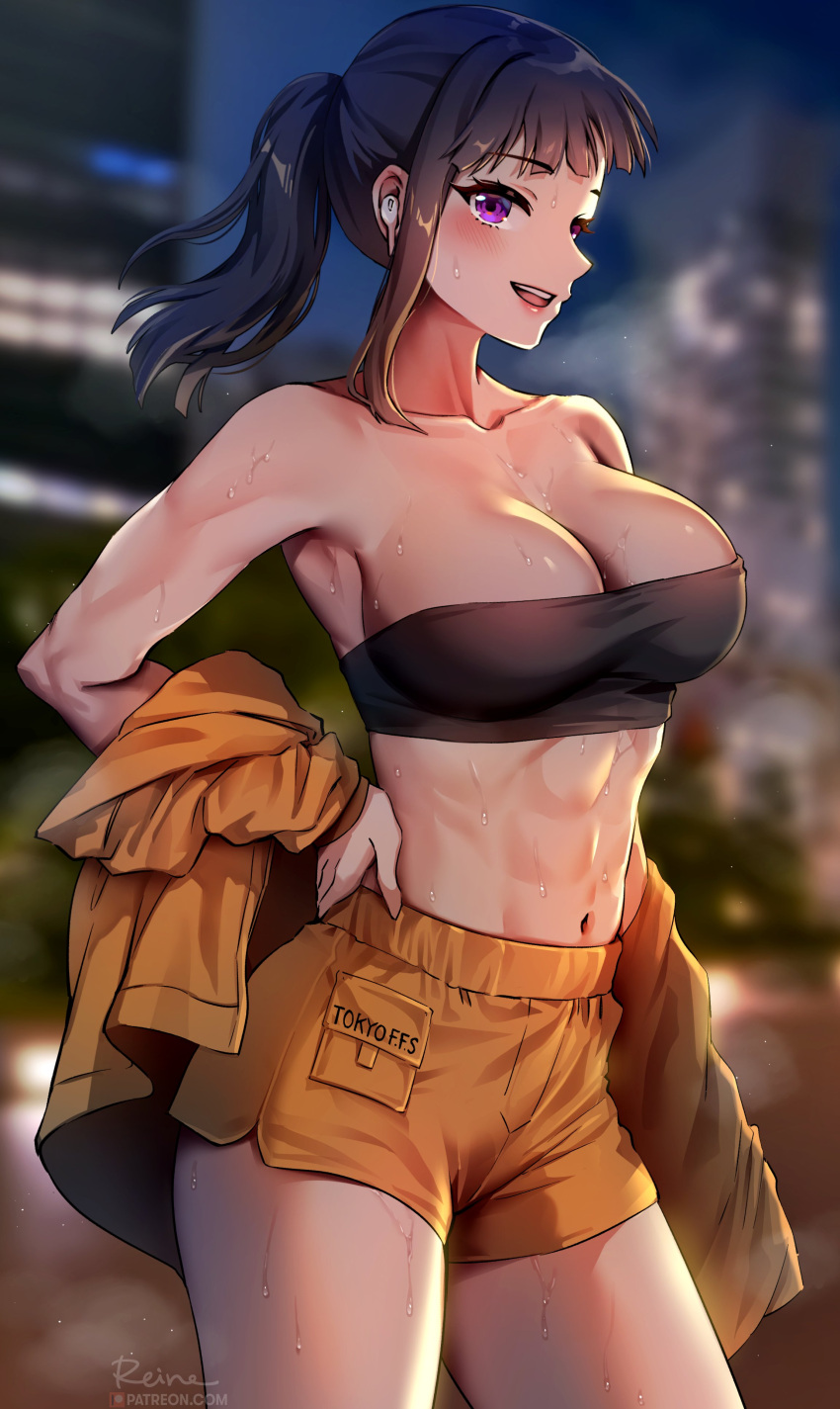 1girl abs absurdres bandeau bangs bare_shoulders blunt_bangs blurry blurry_background breasts building clothes_writing collarbone commentary cowboy_shot en'en_no_shouboutai eyebrows_visible_through_hair foxyreine hand_on_hip highres jacket large_breasts looking_at_viewer maki_oze navel night night_sky orange_jacket orange_shorts outdoors patreon_logo ponytail short_shorts shorts signature sky skyscraper smile solo standing sweat thighs toned tree web_address