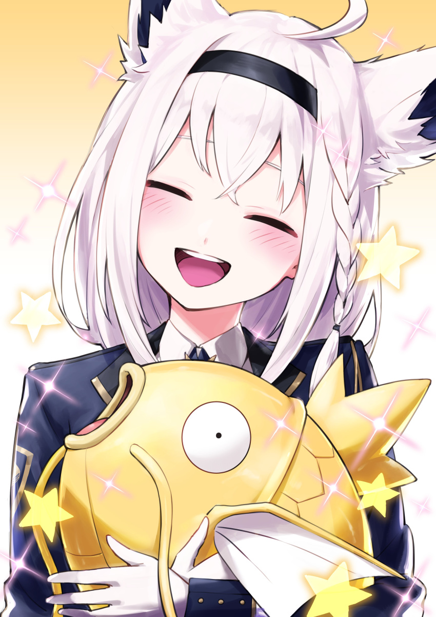 1girl :d absurdres ahoge alternate_color animal_ear_fluff animal_ears animal_hug bangs black_hairband blue_jacket blush braid closed_eyes commentary_request facing_viewer fox_ears gloves hairband head_tilt highres hololive jacket magikarp nemoto_yuuma pokemon pokemon_(creature) shiny_pokemon shirakami_fubuki silver_hair smile star_(symbol) teeth upper_body upper_teeth virtual_youtuber white_gloves