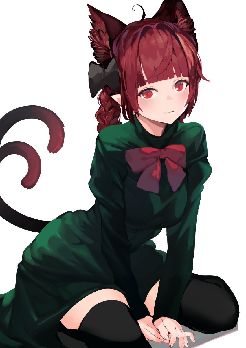 1girl :3 absurdres animal_ear_fluff animal_ears arm_support bangs black_bow black_legwear blunt_bangs blush bow bowtie braid breasts cat_ears cat_tail closed_mouth commentary dress eyebrows_behind_hair fingernails full_body green_dress hair_bow highres kaenbyou_rin kneeling large_breasts leaning_forward long_hair multiple_tails nekomata onion_(onion_and_pi-natto) red_bow red_bowtie red_eyes redhead simple_background solo tail thigh-highs touhou tsurime twin_braids two_tails v_arms white_background