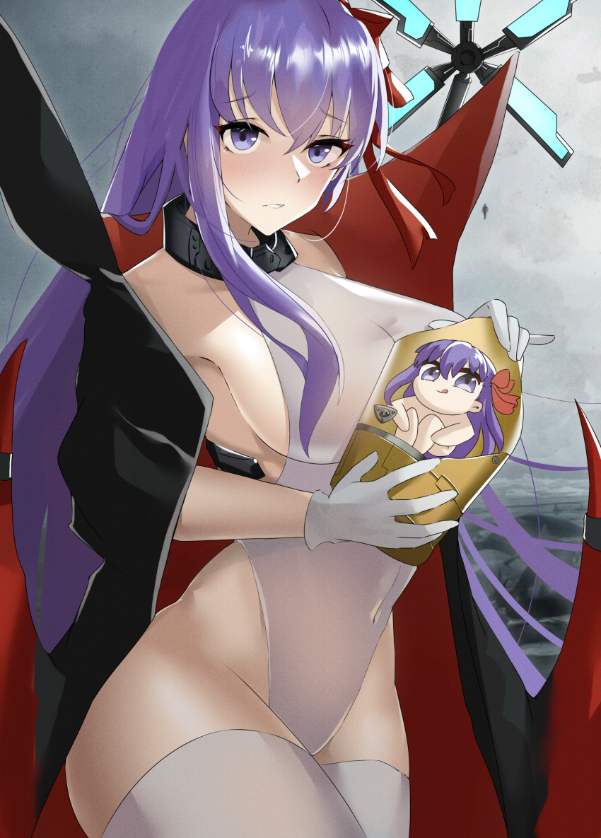 absurdres bangs bare_shoulders bat_wings bb_(fate) bb_(swimsuit_mooncancer)_(fate) black_coat blush breasts coat fate/grand_order fate_(series) gloves hair_ribbon highleg highleg_leotard highres large_breasts leotard long_hair looking_at_viewer musicatopos neck_ribbon open_clothes open_coat popped_collar purple_hair red_ribbon ribbon thighs very_long_hair violet_eyes white_gloves white_leotard wings
