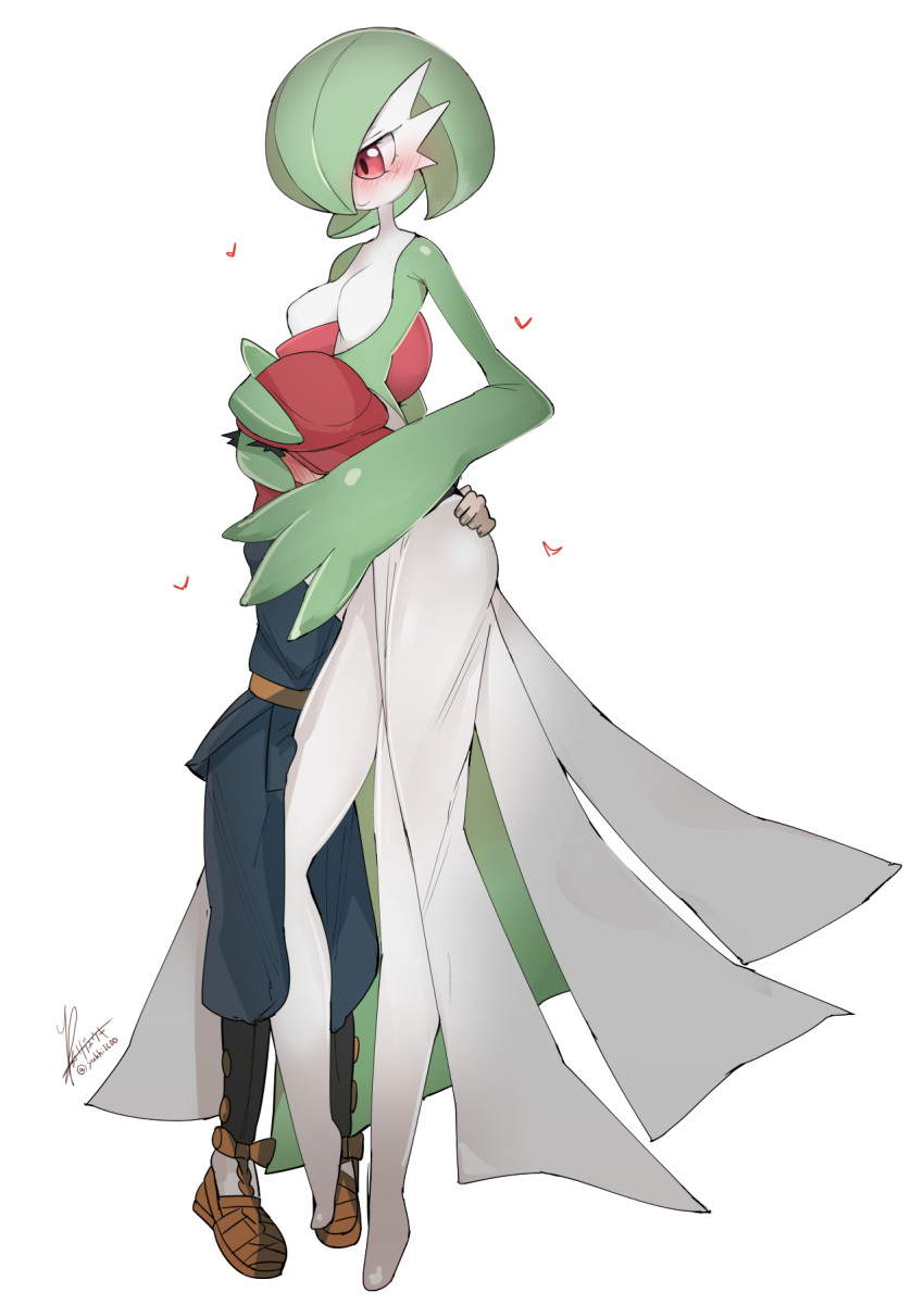 1boy 1girl age_difference alternate_breast_size blush breasts colored_skin commentary_request full_body gardevoir green_hair hat height_difference hetero highres hug medium_breasts mixed-language_commentary multicolored_skin onee-shota pokemon pokemon_(creature) pokemon_(game) pokemon_legends:_arceus red_eyes rei_(pokemon) rib:y(uhki) signature simple_background size_difference smile standing twitter_username two-tone_skin white_background white_skin