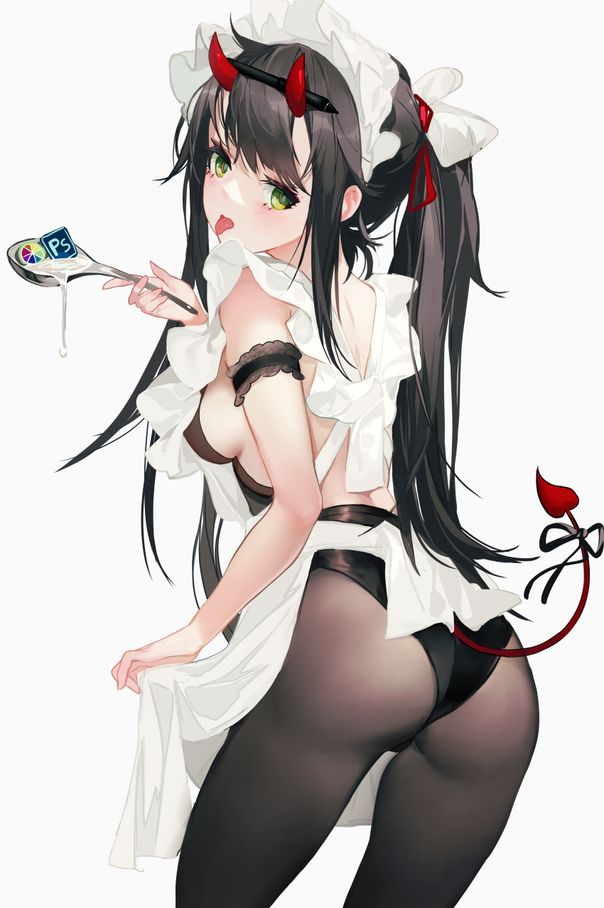 1girl absurdres adobe_photoshop apron arm_ribbon ass bare_arms black_bodysuit black_hair black_legwear black_panties bodysuit breasts commentary cowboy_shot demon_horns demon_tail frilled_apron frills from_behind grandia_lee green_eyes hair_ribbon highres holding holding_spoon horns long_hair looking_at_viewer looking_back maid maid_apron maid_headdress medium_breasts original panties pantyhose ponytail red_ribbon ribbon sideboob sidelocks simple_background skirt_hold solo spoon tail tongue tongue_out underwear white_apron white_background
