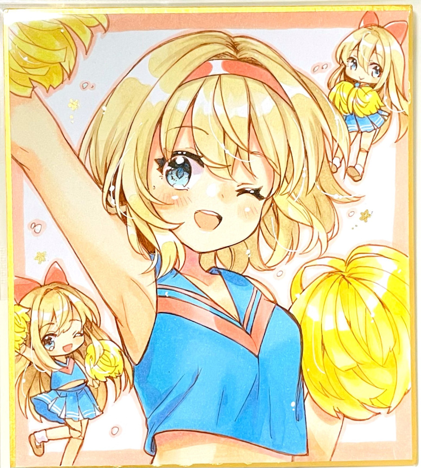 3girls ;d alice_margatroid armpits bangs blonde_hair blue_eyes blue_skirt blue_tank_top bow cheerleader eyebrows_visible_through_hair hair_bow hairband highres holding holding_pom_poms looking_at_viewer mimi_(mimi_puru) multiple_girls one_eye_closed open_mouth pom_pom_(cheerleading) red_bow red_hairband shanghai_doll short_hair skirt smile tank_top touhou