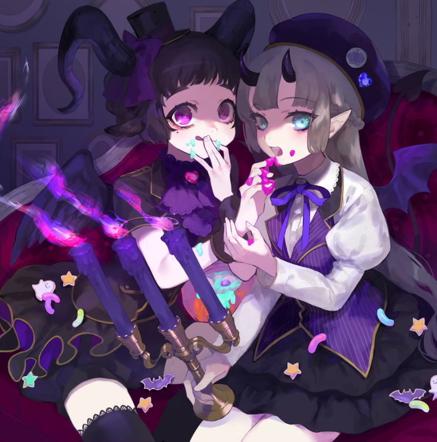 2girls :q animal_ears aqua_eyes bat_wings black_hair black_legwear black_shirt black_shorts black_skirt bow braid candle candlestand collared_shirt couch cowboy_shot crown_(symbol) demon_girl eyeball eyelashes eyeshadow feeding fire french_braid frilled_skirt frills goat_ears goat_girl goat_horns gold_trim grey_hair hat hat_bow heart heart_tail highres holding horns indoors jabot jack-o'-lantern juliet_sleeves lace-trimmed_collar lace-trimmed_legwear lace_trim liquid long_hair long_sleeves looking_at_viewer makeup mini_hat mini_top_hat mole mole_under_eye multiple_girls neck_ribbon on_couch open_mouth original picture_frame pink_eyes pink_fire pointy_ears puffy_shorts puffy_sleeves purple_bow purple_fire purple_headwear purple_ribbon purple_vest ribbon shirt short_hair short_sleeves shorts shou_(hanasakukoroni) sitting skirt star_(symbol) striped striped_shirt tail tareme thigh-highs tongue tongue_out top_hat tsurime vertical-striped_shirt vertical_stripes very_long_hair vest white_shirt wings wrist_cuffs