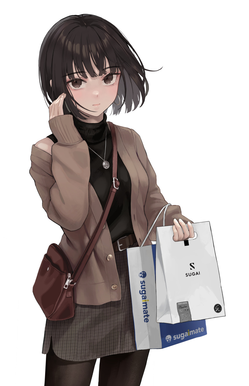 1girl bag bangs belt belt_buckle black_hair black_legwear black_sweater brown_bag brown_belt brown_eyes brown_jacket buckle buttons carrying_bag closed_mouth commentary english_commentary expressionless eyebrows_visible_through_hair grey_skirt hand_up highres holding holding_bag jacket jewelry long_sleeves looking_at_viewer necklace open_clothes open_jacket original pantyhose short_hair simple_background skirt sleeves_past_wrists solo sugai_(4ugaii) sweater turtleneck turtleneck_sweater unbuttoned white_background zipper_pull_tab