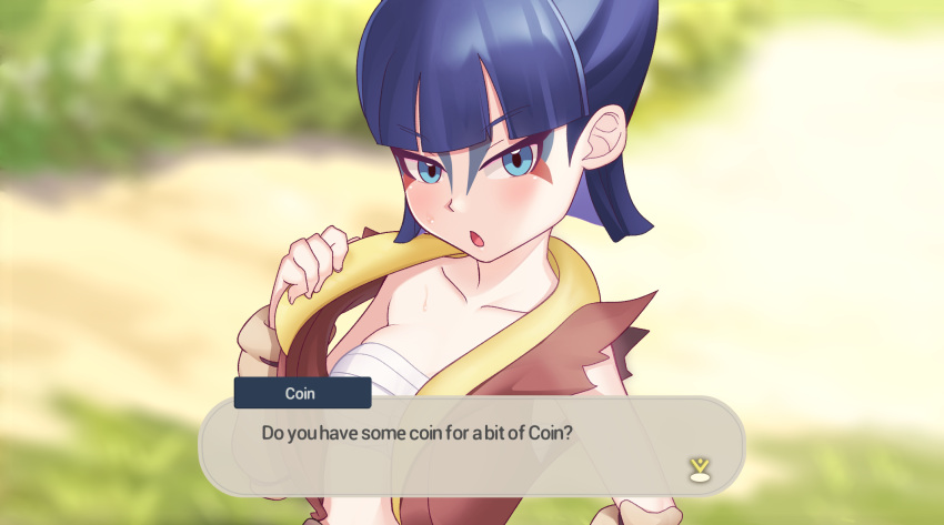 1girl bangs blue_eyes blue_hair blunt_bangs blurry blurry_background blush brown_jacket character_name chest_sarashi coin_(pokemon) collarbone commentary_request day dialogue_box english_text eyeshadow facepaint gazing_eye grass hand_up highres jacket looking_at_viewer makeup outdoors pokemon pokemon_(game) pokemon_legends:_arceus prostitution sarashi short_hair sleeveless sleeveless_jacket solo torn_jacket upper_body