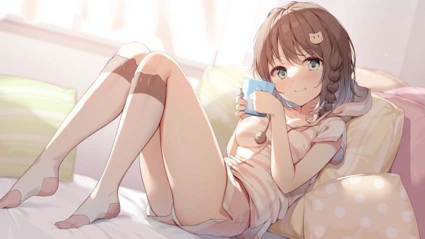 1girl animal_hair_ornament bangs bed bed_sheet braid brown_hair closed_mouth commentary_request cup curtains cushion dolphin_shorts eyebrows_visible_through_hair green_eyes hair_between_eyes highres holding holding_cup hood hoodie kneehighs looking_at_viewer medium_hair nijihashi_sora on_bed original pink_shorts short_shorts short_sleeves shorts sitting smile solo striped striped_hoodie thighs white_legwear window