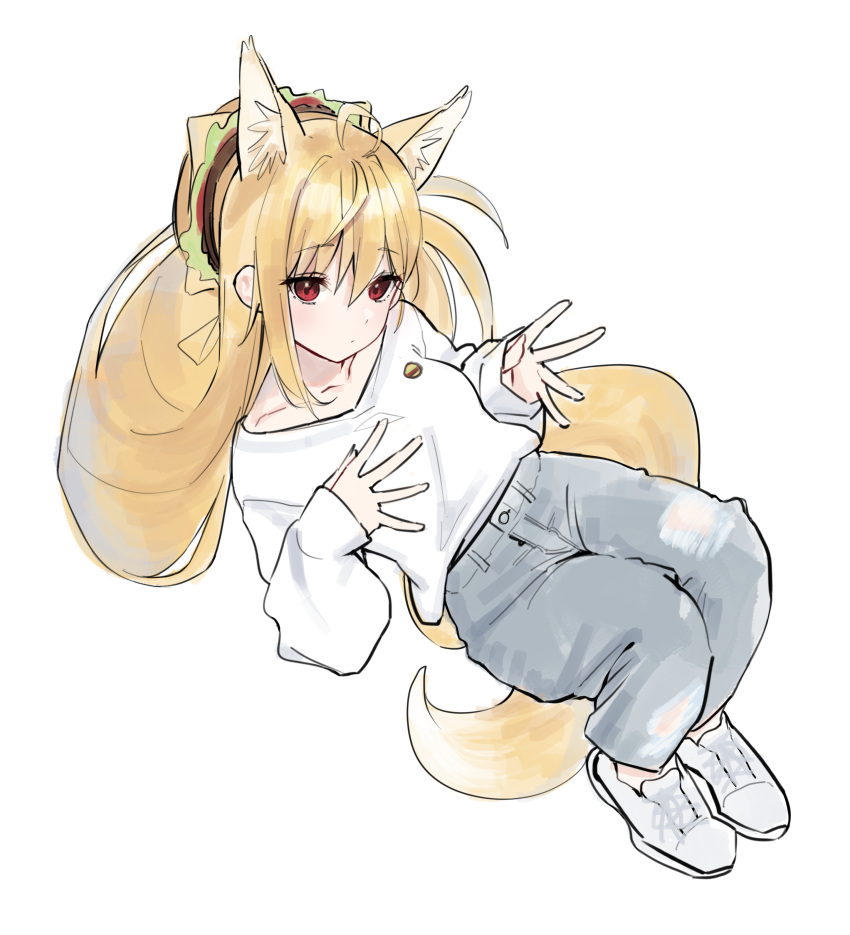 1girl absurdres ahoge animal_ears blonde_hair closed_mouth food-themed_clothes fox_ears fox_girl fox_tail full_body grey_pants hat highres long_hair long_sleeves original pants puffy_long_sleeves puffy_sleeves shirt shoes simple_background sleeves_past_wrists solo syhan tail very_long_hair white_background white_footwear white_shirt