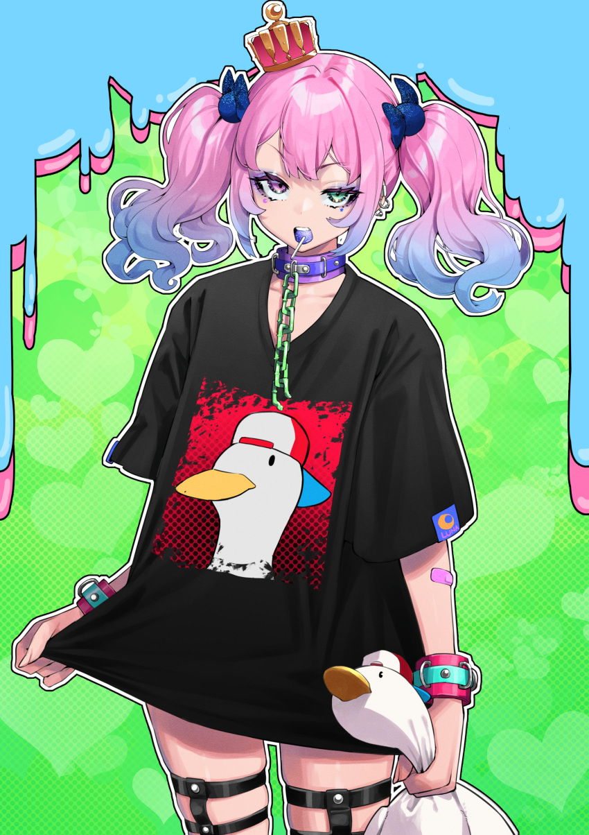 1girl absurdres bandaid bandaid_on_arm bangs black_shirt candy chain collar commentary_request cowboy_shot crown cuffs ear_piercing facial_mark food food_in_mouth gradient_hair green_eyes heterochromia highres himemori_luna hololive lollipop looking_at_viewer mikan_(chipstar182) mini_crown mouth_hold multicolored_hair outline piercing pink_eyes pink_hair purple_collar purple_hair shirt solo standing subaru_duck thigh_strap twintails virtual_youtuber