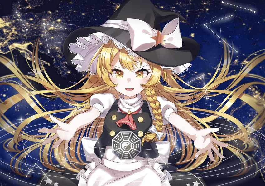 1girl ametama_(runarunaruta5656) apron ascot back_bow bangs black_headwear black_skirt black_vest blonde_hair blush bow braid buttons commentary_request constellation double-breasted eyelashes floating floating_hair floating_object frilled_apron frilled_hat frills hair_ribbon hat hat_bow hat_ribbon highres kirisame_marisa long_hair long_sleeves mini-hakkero open_mouth outstretched_arms puffy_short_sleeves puffy_sleeves red_ascot ribbon sash shirt short_sleeves sidelocks single_braid skirt solo space star-shaped_pupils star_(symbol) symbol-shaped_pupils touhou tress_ribbon turtleneck v-shaped_eyebrows vest waist_apron white_apron white_bow white_ribbon white_sash white_shirt witch_hat yellow_eyes yin_yang yin_yang_print