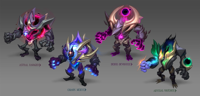 1boy alternate_color alternate_costume armor dark_star_malphite english_commentary full_body glowing glowing_eyes gradient gradient_background grey_background highres league_of_legends malphite multiple_views sharp_teeth teeth vladbacescu