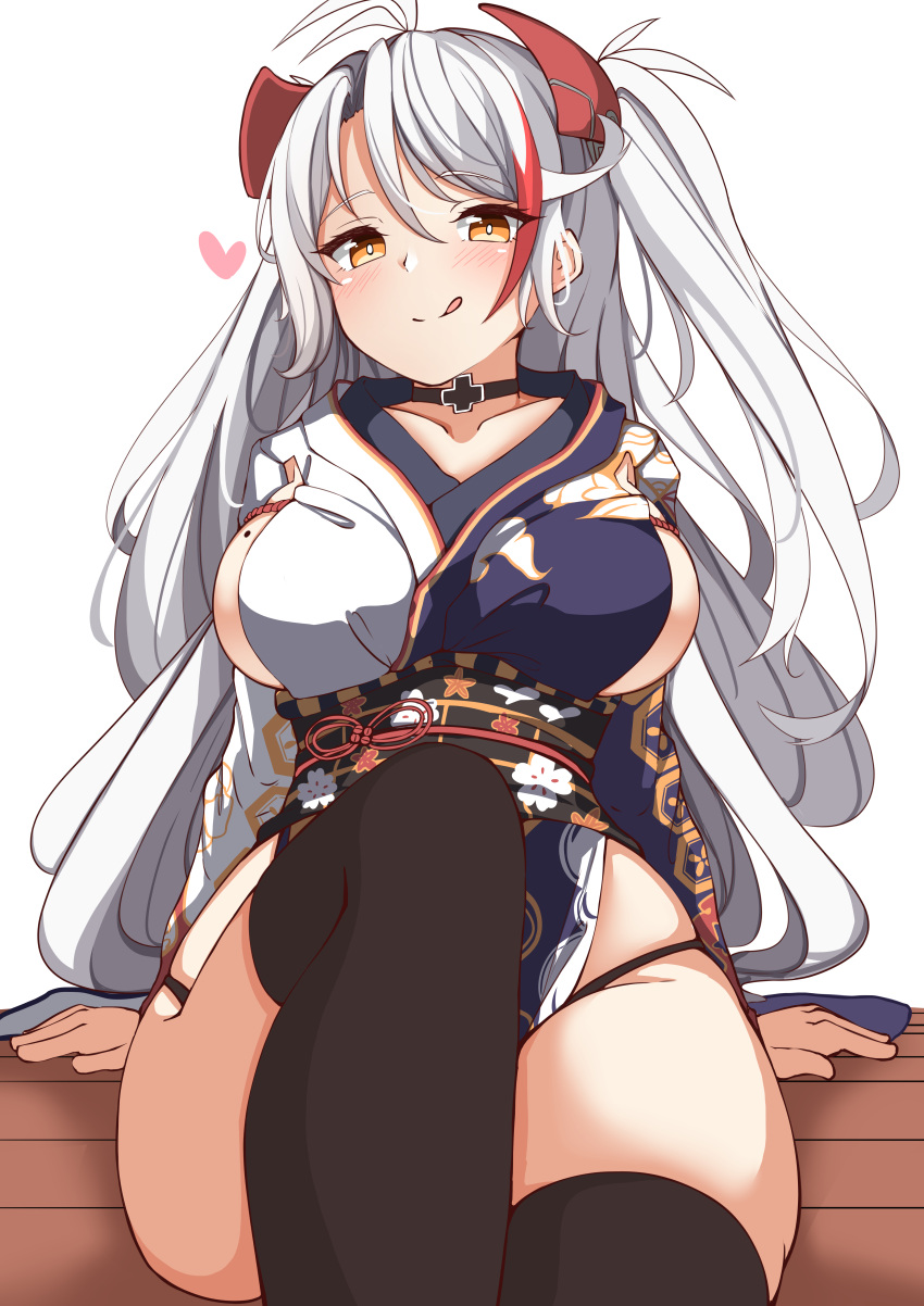 1girl :p absurdres ahoge antenna_hair arm_support azur_lane bangs black_legwear blush breasts choker closed_mouth commentary_request cross eyebrows_visible_through_hair hair_between_eyes hair_ornament heart highres iron_cross large_breasts leaning_back licking_lips long_hair looking_at_viewer mole mole_on_breast moyoron official_alternate_costume pelvic_curtain prinz_eugen_(azur_lane) prinz_eugen_(profusion_of_flowers)_(azur_lane) sideboob simple_background sitting smile solo thigh-highs thighs tongue tongue_out two-tone_dress very_long_hair white_background white_hair wooden_floor yellow_eyes