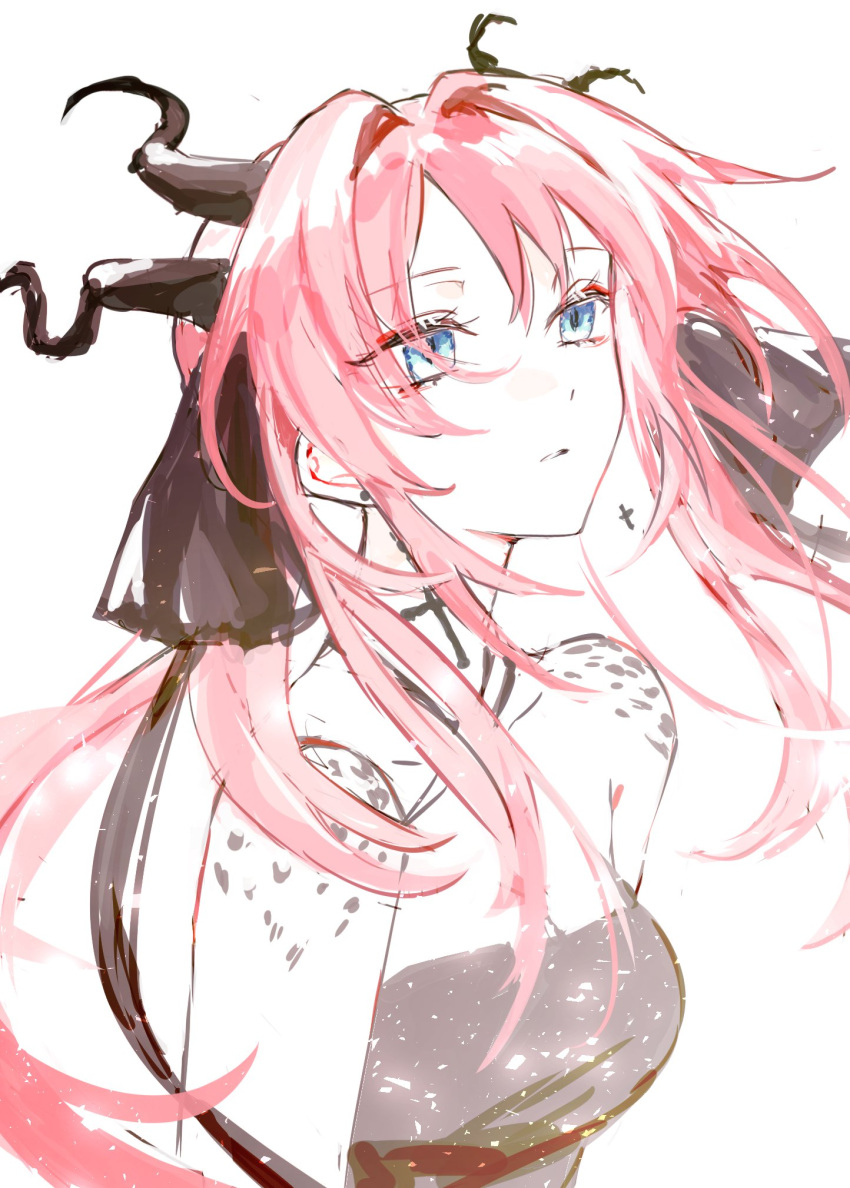 1girl atelier_live bare_shoulders blue_eyes bow breasts dragon_girl dragon_horns eyebrows_visible_through_hair eyes_visible_through_hair highres horns kuzuryu_io long_hair looking_away open_mouth pale_skin pink_hair simple_background solo tsu_(lovesick1964) white_background