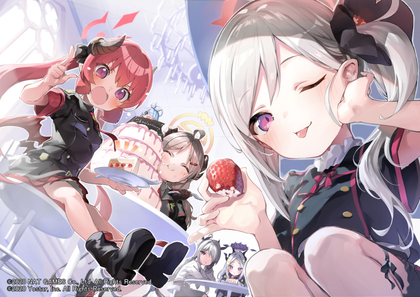 5girls :t ;p ^_^ ahoge arona_(blue_archive) bangs black_flower black_footwear black_jacket black_skirt blue_archive blush boots breasts brown_gloves cake cake_slice closed_eyes closed_mouth commentary_request demon_horns eating ekakibito eyebrows_visible_through_hair feet_out_of_frame flower food fork fruit gloves grey_hair hair_flower hair_ornament hairclip halo highres hina_(blue_archive) holding holding_food holding_fork holding_plate horns indoors iori_(blue_archive) izumi_(blue_archive) jacket junko_(blue_archive) layer_cake long_hair low_wings medium_breasts multiple_girls multiple_horns mutsuki_(blue_archive) official_art one_eye_closed parted_bangs plate pleated_skirt pointing red_skirt red_wings redhead shirt shoe_soles short_sleeves side_ponytail skirt strawberry table tears tongue tongue_out twintails very_long_hair violet_eyes white_shirt wings