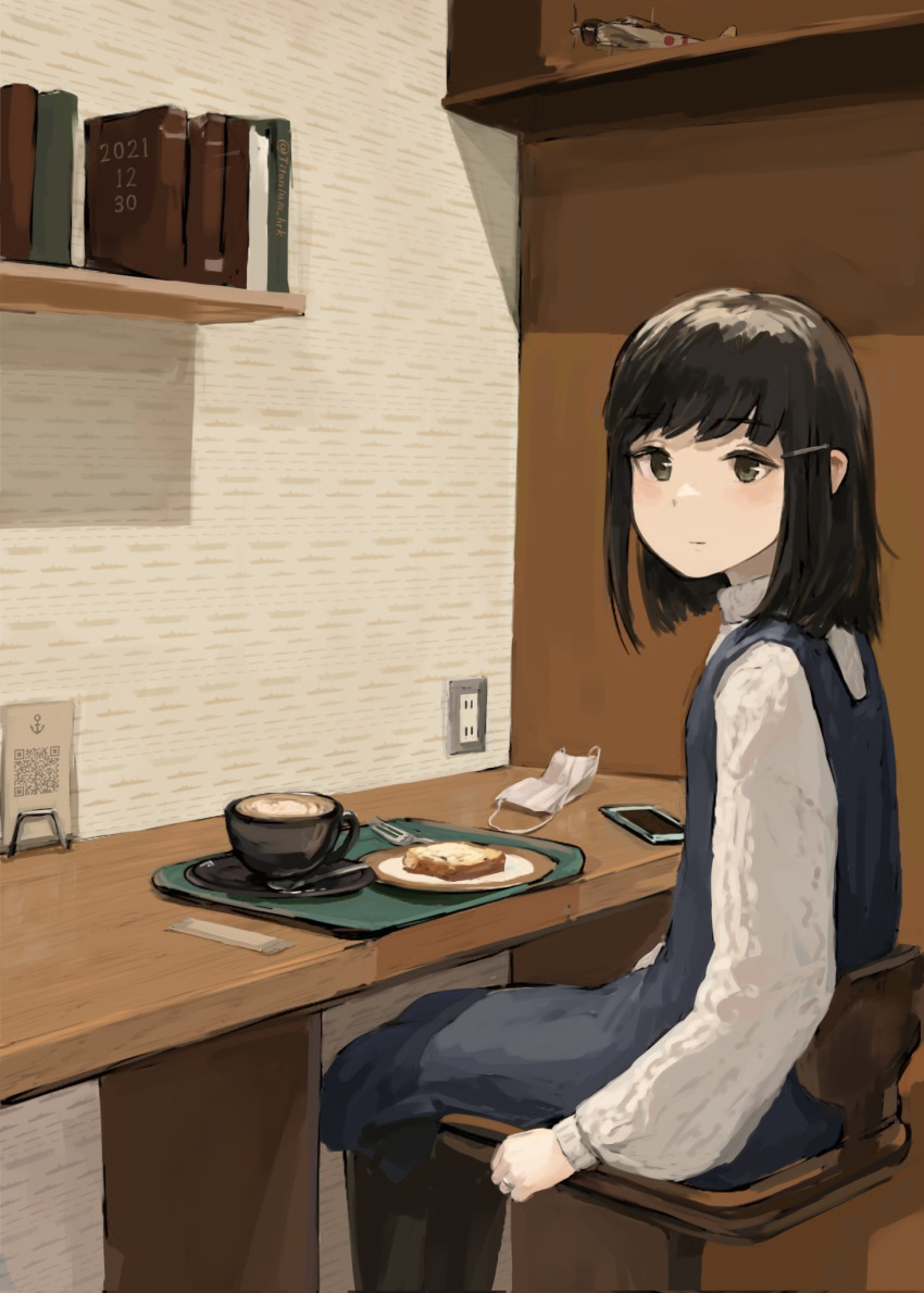 1girl alternate_costume bangs black_hair blue_dress book cellphone chair closed_mouth coffee commentary cup dress food fork fubuki_(kancolle) green_eyes hair_down hair_ornament hairclip highres kantai_collection long_sleeves looking_at_viewer mask mask_removed medium_hair mouth_mask phone plate shelf sitting smartphone solo sweater titanium_hrk toast tray white_mask white_sweater