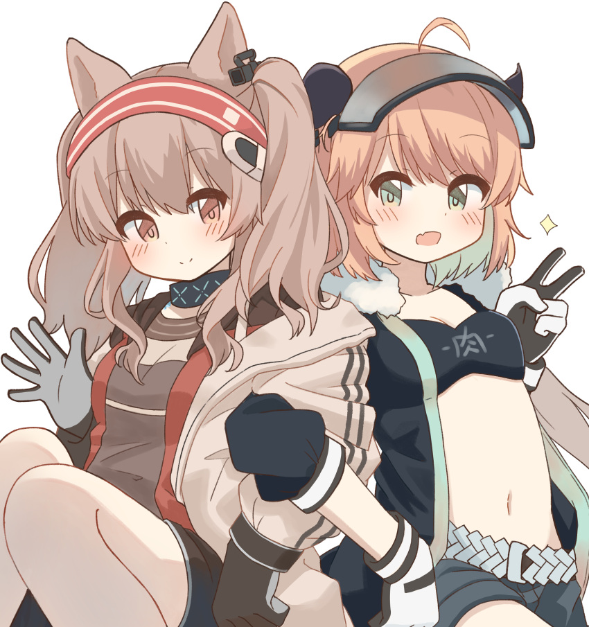 2girls absurdres ahoge angelina_(arknights) animal_ears arknights bangs blush brown_eyes brown_hair closed_mouth cow_girl croissant_(arknights) crop_top eyebrows_visible_through_hair fang fox_ears fox_girl fur-trimmed_jacket fur_trim gloves green_eyes hairband highres horns infection_monitor_(arknights) jacket locked_arms long_hair multiple_girls navel open_clothes open_jacket open_mouth orange_hair ryoku_sui short_hair shorts twintails v visor_cap waving white_background