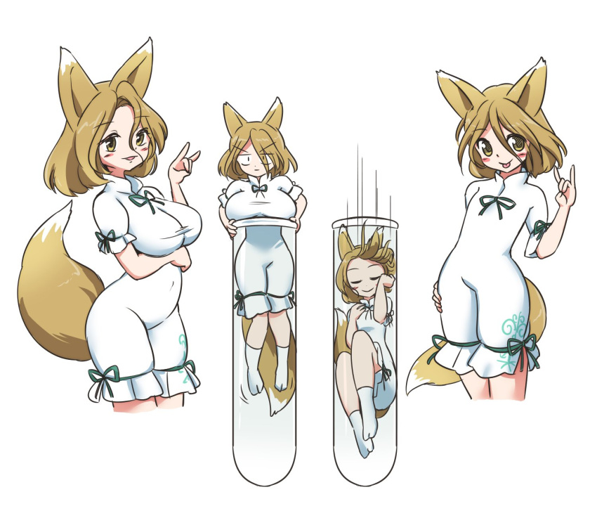 1girl animal_ears blonde_hair breasts brown_eyes corked_bottle flat_chest fox_ears fox_girl fox_shadow_puppet fox_tail green_ribbon highres itatatata kudamaki_tsukasa large_breasts ribbon romper short_hair socks tail test_tube touhou white_legwear