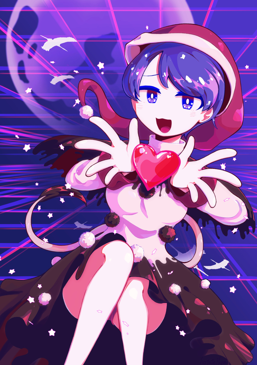 1girl absurdres bird black_capelet black_skirt blue_eyes blue_hair capelet doremy_sweet dream_world_(touhou) dress hat heart highres ikra_(ikrazusi) looking_at_viewer moon nightcap nightgown open_mouth outstretched_arms pale_skin pom_pom_(clothes) raised_eyebrows red_headwear short_hair skirt smug solo star_(symbol) swan tail tapir tapir_tail thighs touhou valentine