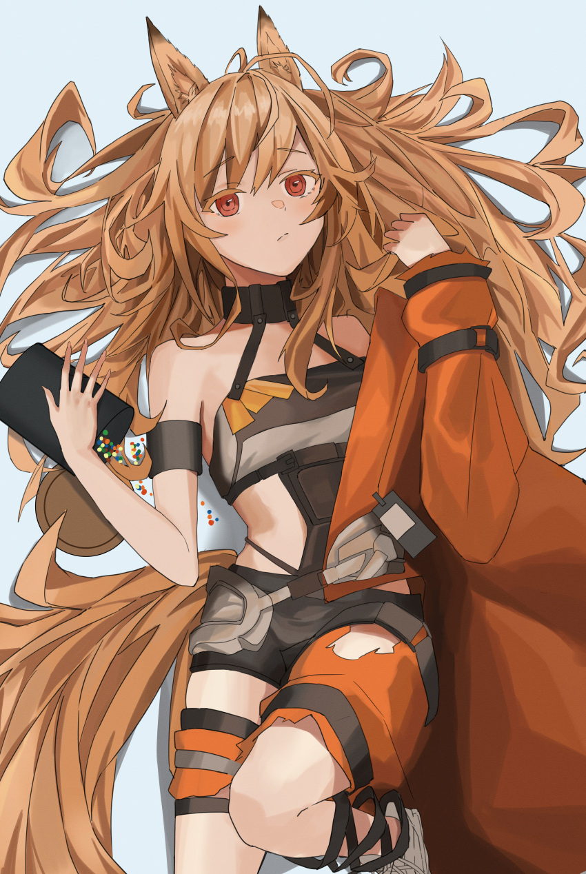 1girl absurdres animal_ears arknights armband blush brown_eyes brown_hair ceobe_(arknights) ceobe_(summer_flowers)_(arknights) dog_ears dog_girl highres jacket long_hair lying official_alternate_costume on_back open_clothes orange_jacket simple_background solo yunkkker