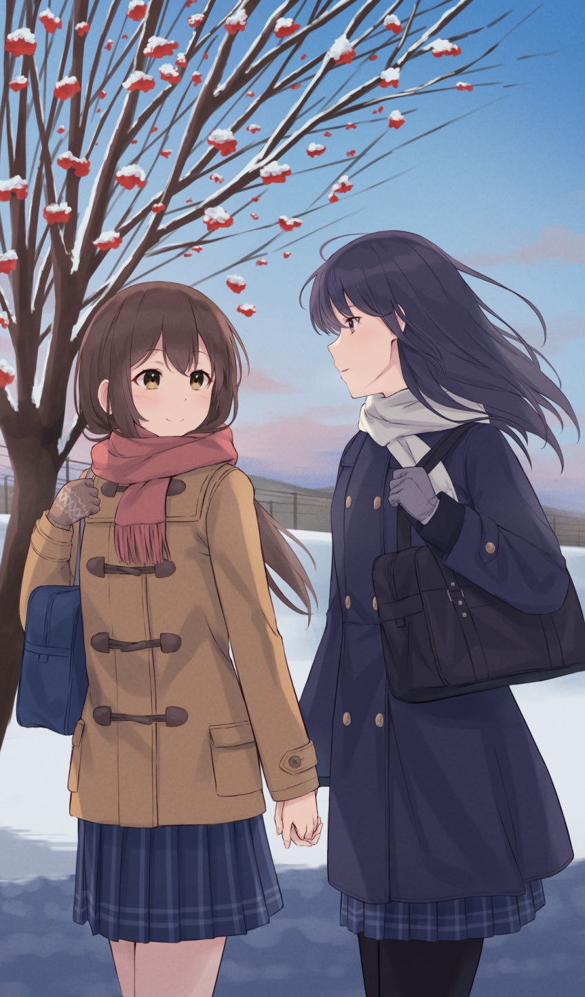 2girls black_hair brown_eyes brown_hair coat gloves gloves_removed highres holding_hands long_hair looking_at_another miniskirt multiple_girls nuenue original outdoors scarf skirt smile snow tree violet_eyes winter winter_clothes yuri