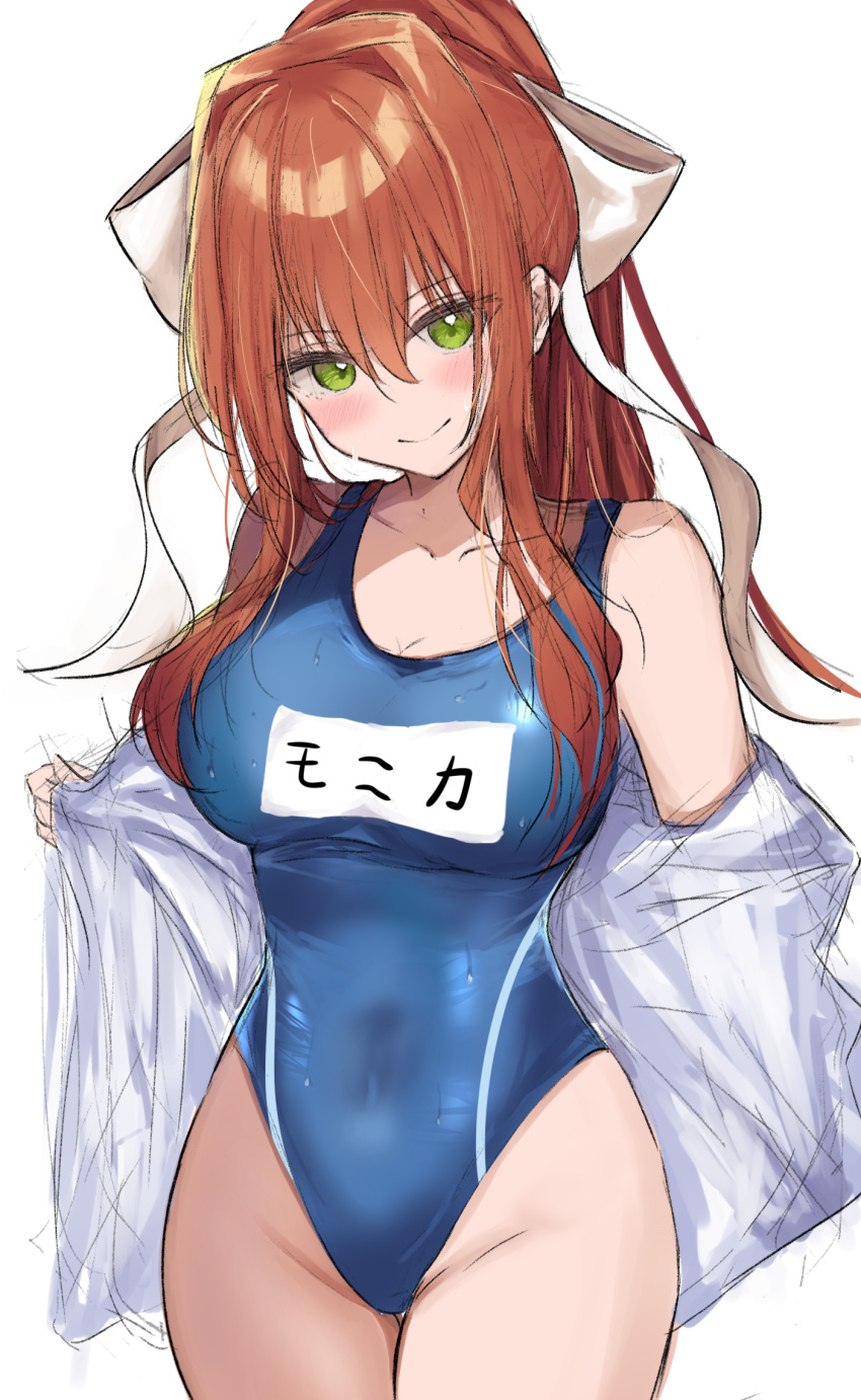 1girl b4 blue_leotard blue_swimsuit blush breasts brown_hair closed_mouth doki_doki_literature_club green_eyes highres leotard long_hair medium_breasts monika_(doki_doki_literature_club) ponytail ribbon school_swimsuit shirt smile solo swimsuit swimsuit_under_clothes translated undressing white_ribbon white_shirt
