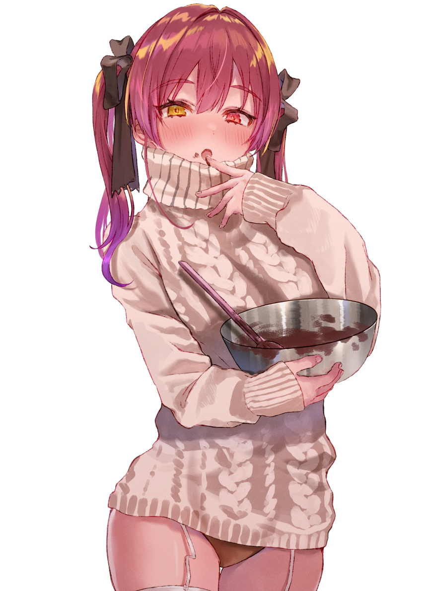 1girl absurdres bangs black_ribbon blush bowl brown_panties brown_sweater chocolate chocolate_on_face commentary_request eyebrows_visible_through_hair food food_on_face garter_straps hair_between_eyes hair_ribbon heterochromia highres holding holding_bowl hololive houshou_marine long_sleeves multicolored_hair oekakikei open_mouth panties purple_hair red_eyes redhead ribbon sleeves_past_wrists solo standing streaked_hair sweater turtleneck turtleneck_sweater underwear virtual_youtuber yellow_eyes