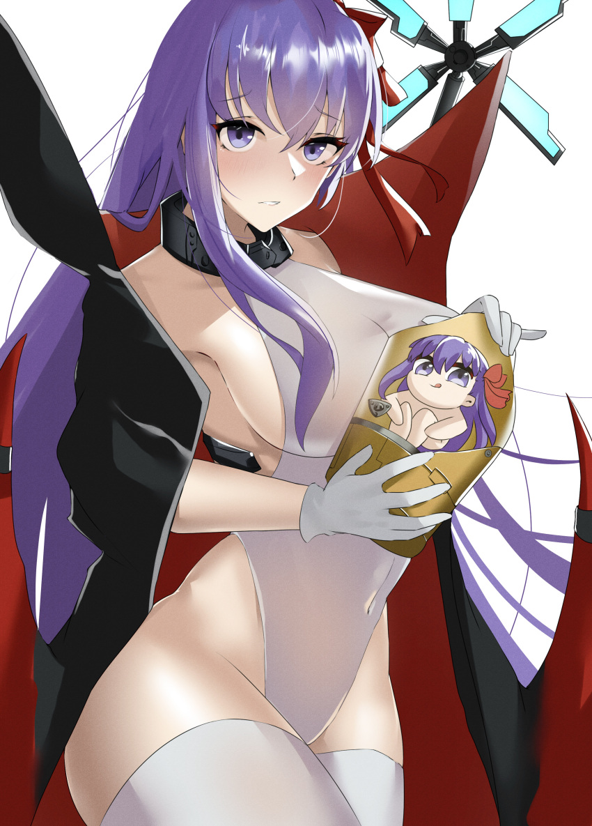 absurdres bangs bare_shoulders bat_wings bb_(fate) bb_(swimsuit_mooncancer)_(fate) black_coat blush breasts coat fate/grand_order fate_(series) gloves hair_ribbon highleg highleg_leotard highres large_breasts leotard long_hair looking_at_viewer musicatopos neck_ribbon open_clothes open_coat popped_collar purple_hair red_ribbon ribbon thighs very_long_hair violet_eyes white_gloves white_leotard wings