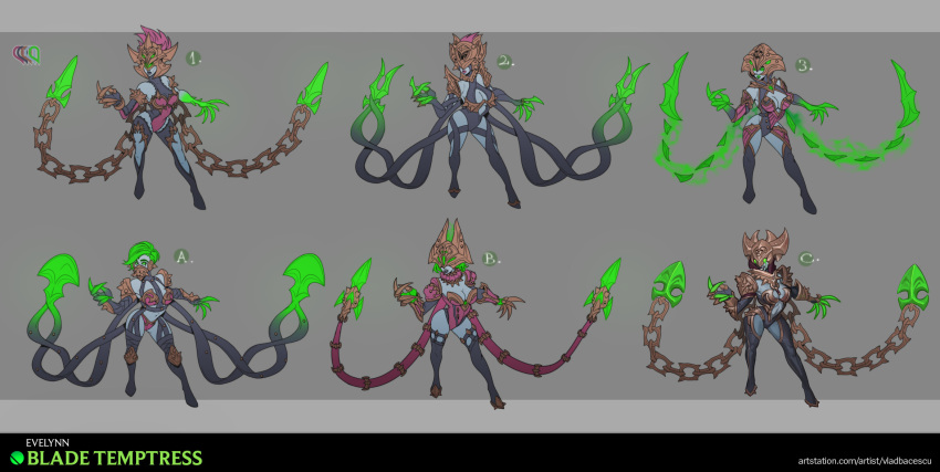 1girl alternate_costume artist_name bare_shoulders black_leotard boots border breasts character_name closed_mouth concept_art detached_sleeves evelynn_(league_of_legends) full_body gauntlets gem glowing glowing_eyes gradient gradient_background green_eyes green_hair grey_background grey_border groin helmet highres large_breasts league_of_legends leotard looking_at_viewer pink_leotard short_hair spot_color tentacles thigh-highs thigh_boots vladbacescu weapon web_address