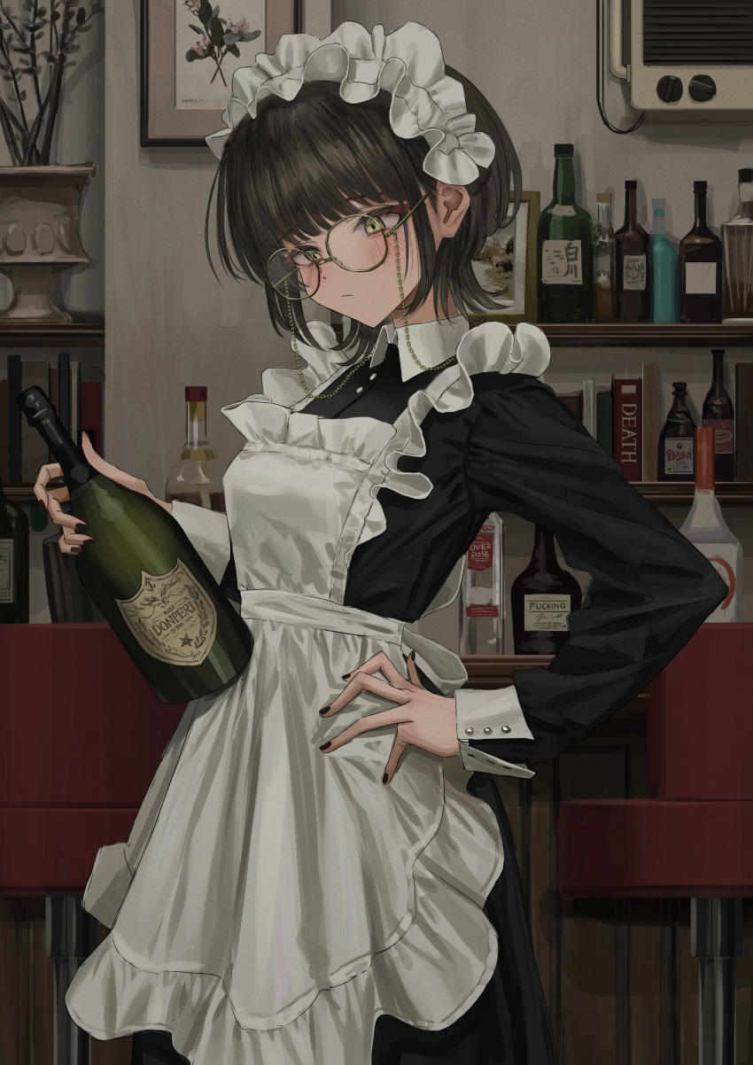 1girl :| absurdres air_conditioner alcohol apron black_dress black_hair black_nails blush breasts closed_mouth collared_dress cowboy_shot dress frilled_apron frills glasses green_eyes hand_on_hip highres holding indoors maid_apron maid_headdress medium_breasts nadegata original picture_frame plant short_hair solo standing stool vase waitress wine