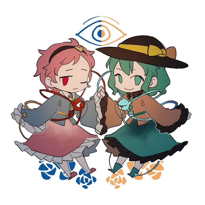 2girls black_headwear bleeding blood blouse blue_blouse boots bow buttons chibi closed_mouth commentary_request floral_print frilled_shirt_collar frilled_skirt frilled_sleeves frills frown green_eyes green_footwear green_hair green_skirt hat hat_bow headband heart_button holding_hands komeiji_koishi komeiji_satori medium_hair multiple_girls one_eye_closed pink_hair pink_skirt red_eyes rose_print short_hair skirt slippers smile third_eye touhou white_background winddoge yellow_blouse yellow_bow