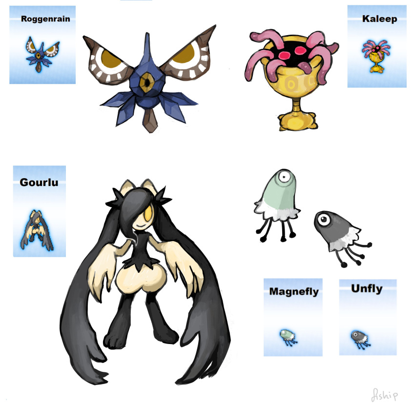 absurdres character_request closed_mouth fusion highres looking_at_viewer magnemite matilda_fiship pokemon pokemon_(creature) reference_inset roggenrola signature smile unown