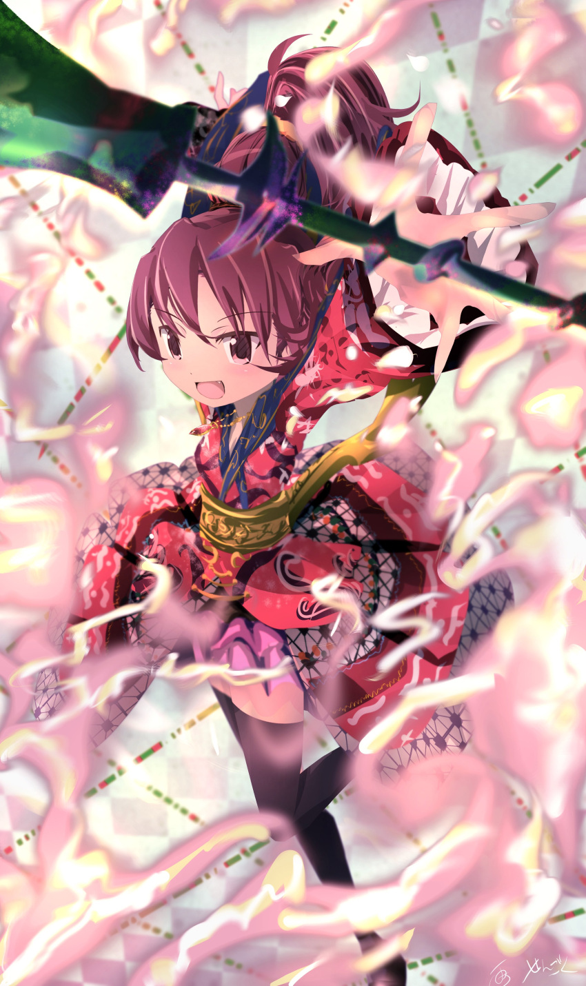 1girl :d absurdres fang fire from_above highres holding holding_polearm holding_weapon japanese_clothes magia_record:_mahou_shoujo_madoka_magica_gaiden mahou_shoujo_madoka_magica ophelia_(madoka_magica) polearm ponytail red_eyes redhead sakura_kyouko sengoku_chidori smile solo weapon