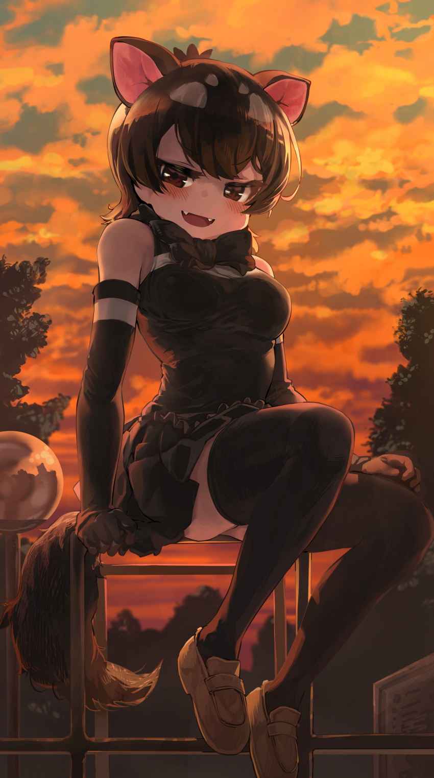 1girl absurdres animal_ears backlighting bangs bare_shoulders black_hair bow bowtie breasts brown_eyes clouds colored_inner_hair detached_sleeves evening extra_ears eyebrows_visible_through_hair fangs full_body gloves gradient_sky grey_hair half-closed_eyes hand_rest highres kemono_friends looking_at_viewer medium_breasts medium_hair melaton miniskirt multicolored_hair open_mouth orange_sky outdoors pleated_skirt seductive_smile shirt shoes sitting skirt sky sleeveless smile solo sunset tail tasmanian_devil_(kemono_friends) tasmanian_devil_ears tasmanian_devil_tail taut_clothes taut_shirt thigh-highs two-tone_hair v-shaped_eyebrows zettai_ryouiki