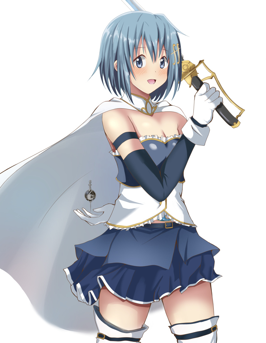 1girl :d absurdres blue_eyes blue_hair cape gloves grief_seed hair_ornament hairclip hateri highres holding holding_sword holding_weapon magical_girl mahou_shoujo_madoka_magica miki_sayaka musical_note_hair_ornament short_hair smile solo sword thigh-highs weapon white_gloves white_legwear